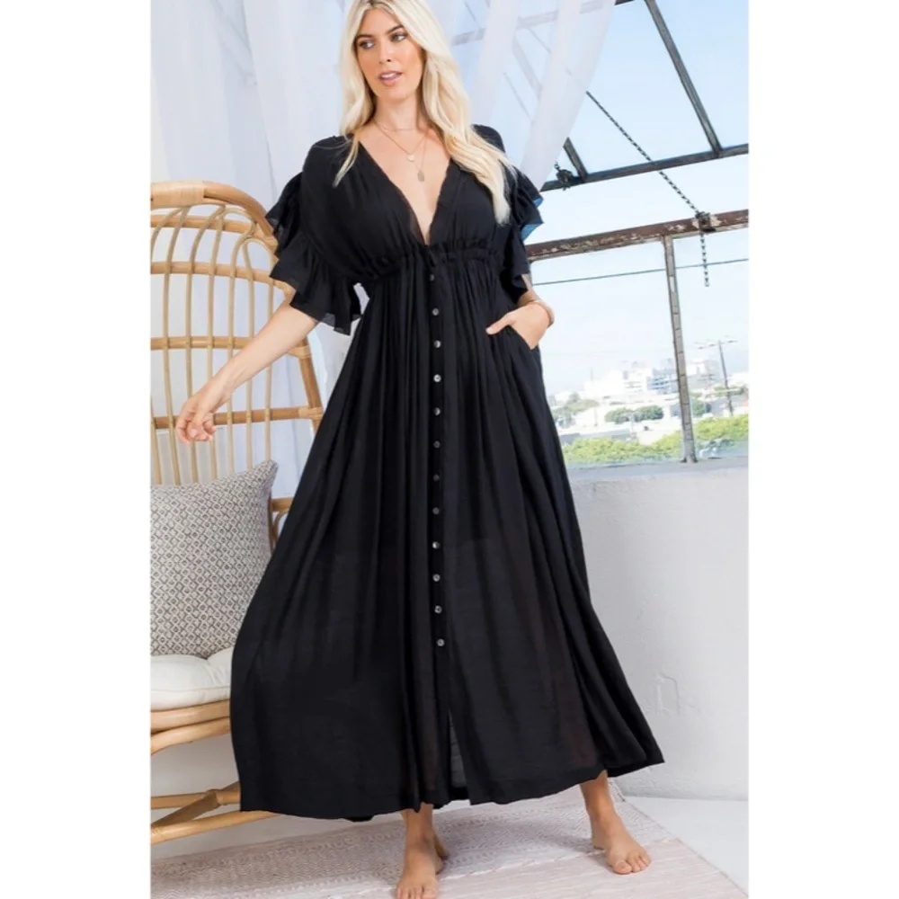 SOLD OUT Black Gauze Boho Button Short Slv Deep V Woven Gathered Maxi Dress - Picture 2 of 7